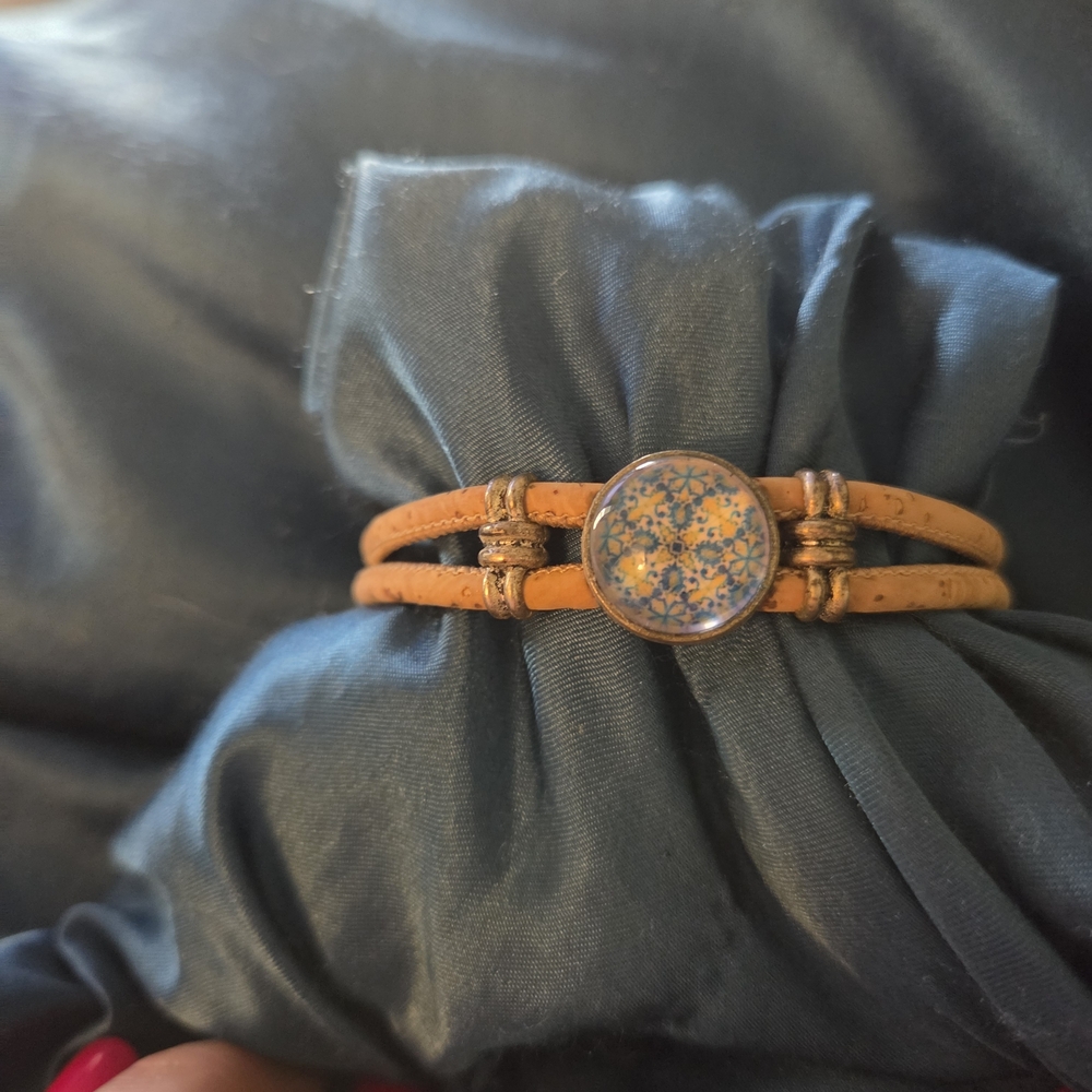Tan Double-Strand Leather Bracelet with Decorative Mosaic Cabochon